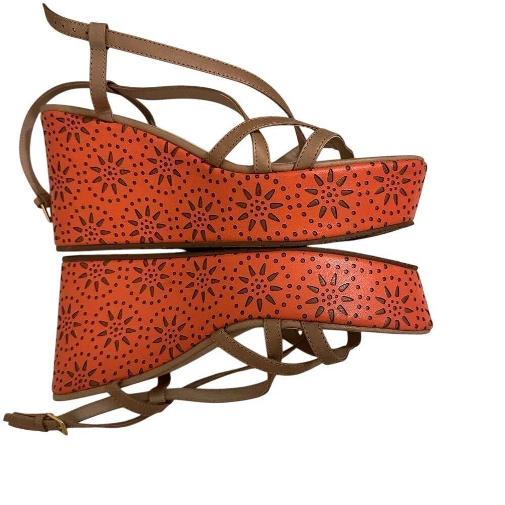 Kate Spade‎ New York Orange Laser Cut Floral Platform Wedge Sandals